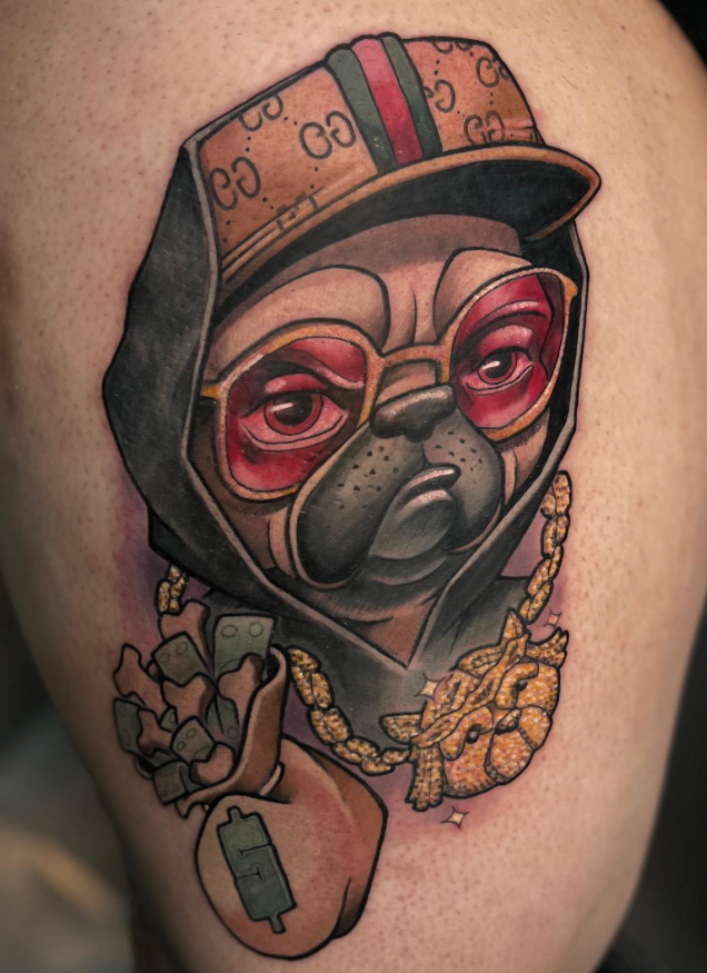 tattoo of a dog with a bag of money and bones